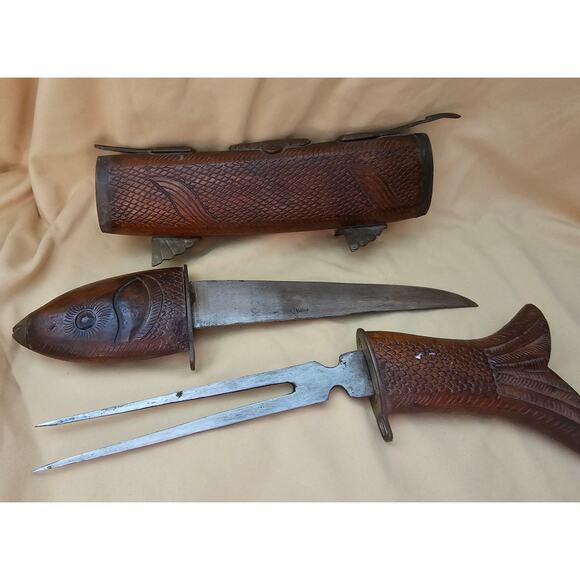 Vintage Wood and Brass Fish Carving Set - Picture 3 of 14